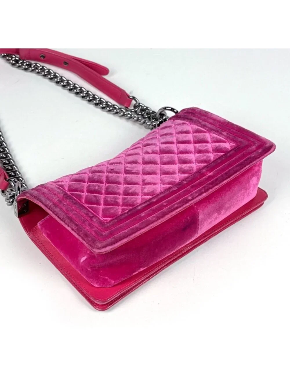 Chanel Shoulder Bag Boy CC Logo Velvet Pink